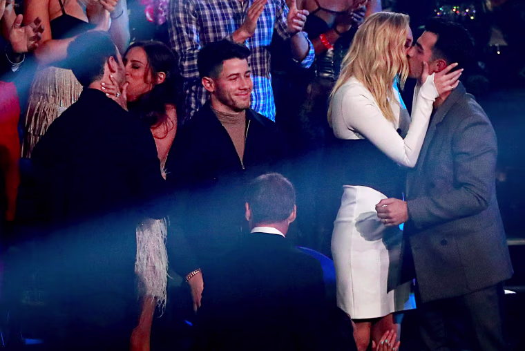 Image: The Jonas Brothers celebrate winning Best Pop Award at the MTV Video Music Awards at the Prudential Center in Newark, N.J., on Aug. 26, 2019.