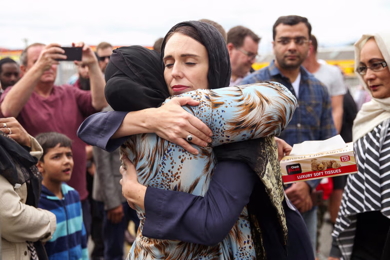 Image: Prime Minister Jacinda Ardern hugs a mourner at the Kilbirnie Mosque on March 17, 2019 in Wellington, New Zealand.