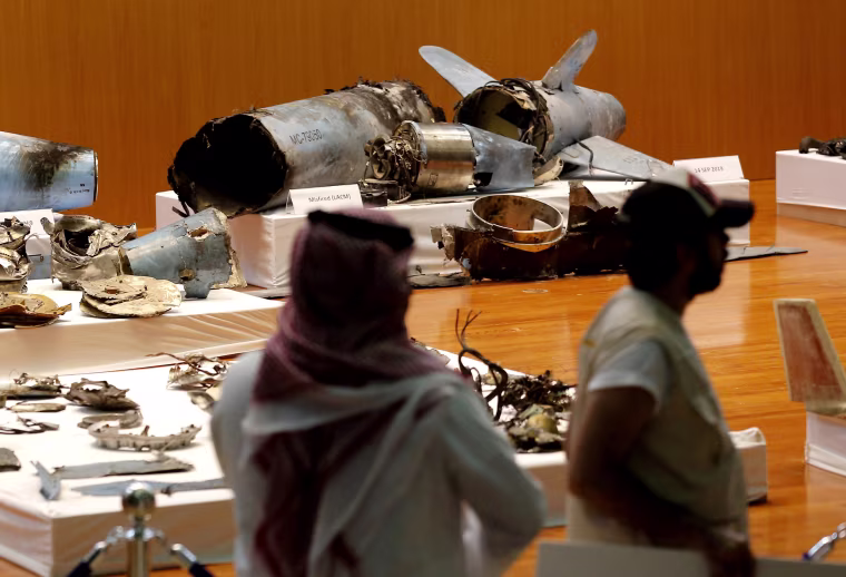 Image: The Saudi military displays an apparent Iranian cruise missile and drones used in an attack on an oil facility at a press conference in Riyadh on Sept. 18, 2019.