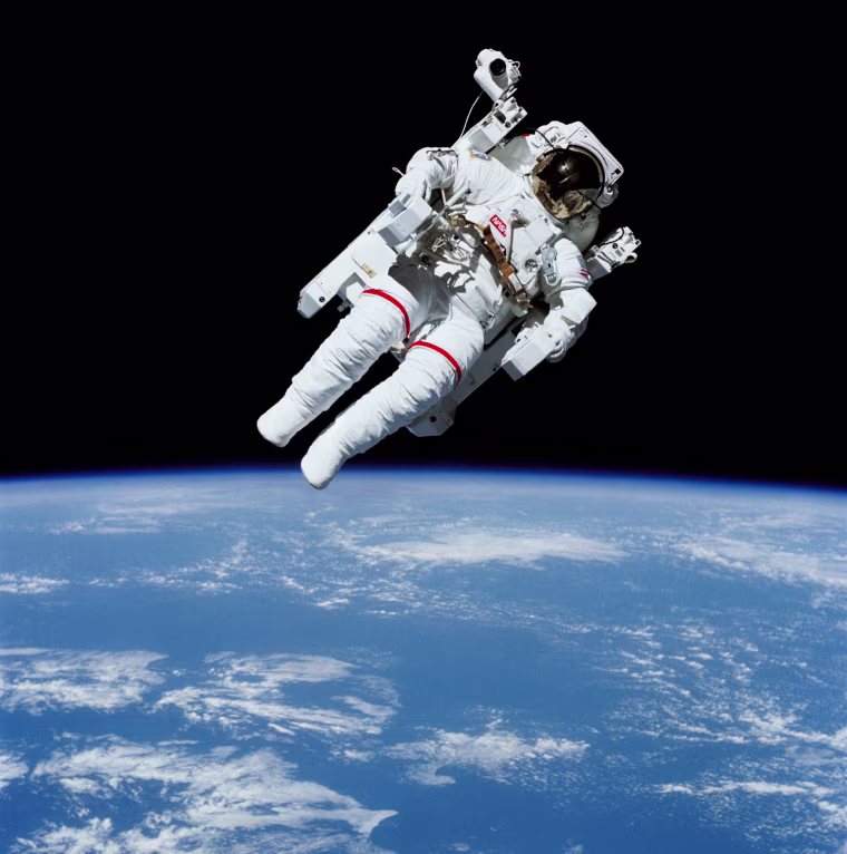 In February 1984, shuttle astronaut Bruce McCandless became the first astronaut to float in space untethered, thanks to a jetpack-like device called the Manned Manuevering Unit, or MMU.