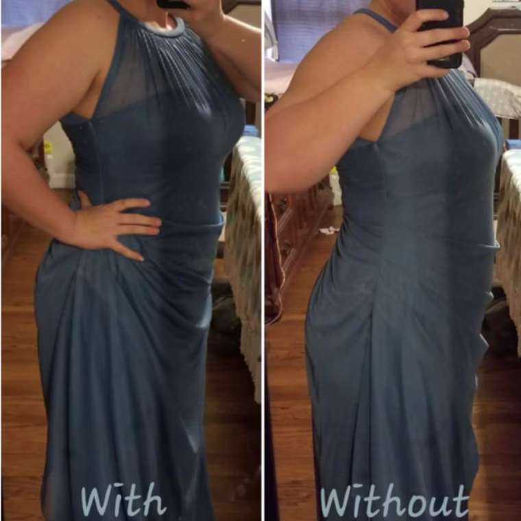 Before and after photo of a reviewer in a blue dress wearing the Robert Matthew Shapewear Tummy Control Shorts.