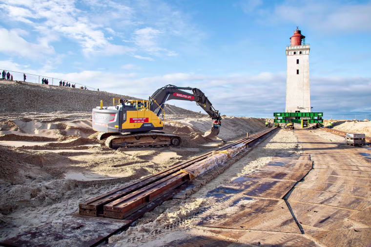 Image: The Rubjerg Knude lighthouse is seen during preparations for its translocation, in Rubjerg, Jutland, Denmark