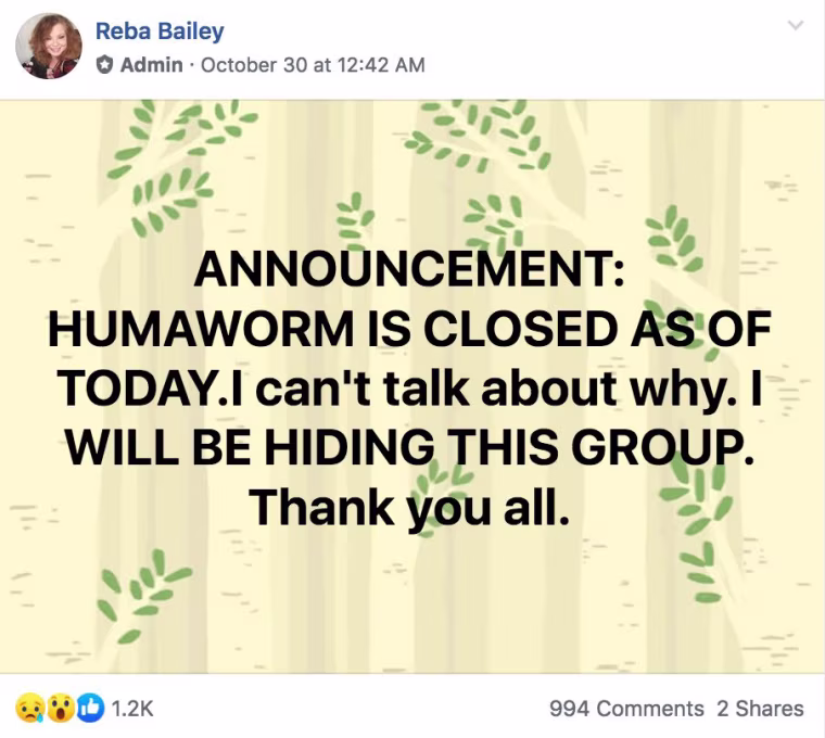 Image: An admin post announcing the closing of the Humaworm group.