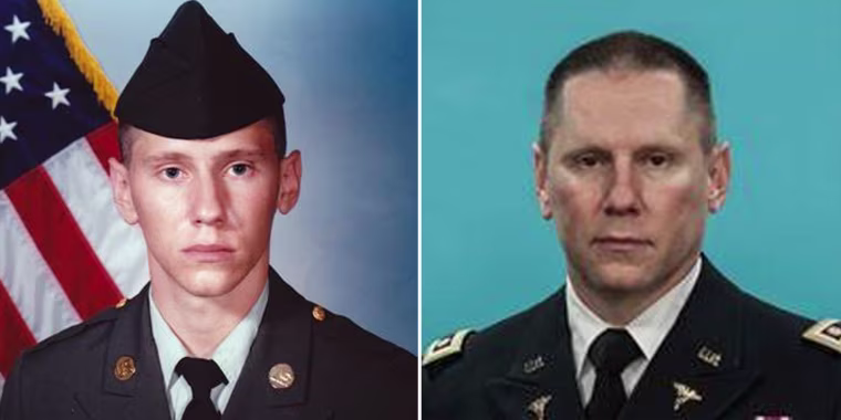 Stephen Snyder-Hill, 19, during basic training at Ft. Sill Oklahoma in 1989 and his official DA army photo in 2017.