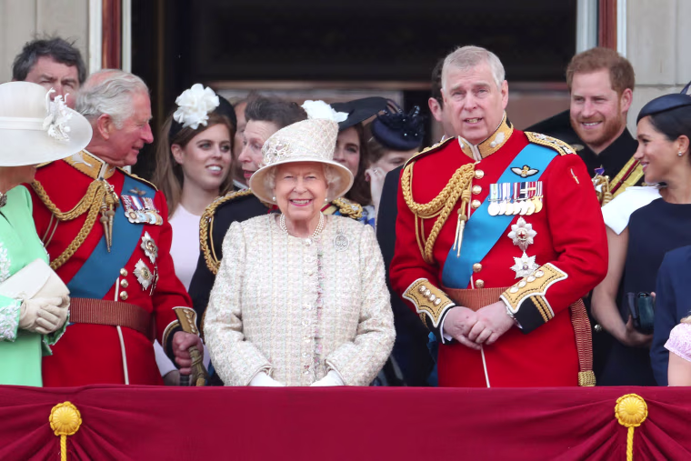 Image: Prince Charles, Prince of Wales, Princess Beatrice, Princess Anne, Princess Royal, Queen Elizabeth II, Prince Andrew, Duke of York, Prince Harry, Duke of Sussex and Meghan, Duchess of Sussex during Trooping The Colour, the Queen's annual birthday p