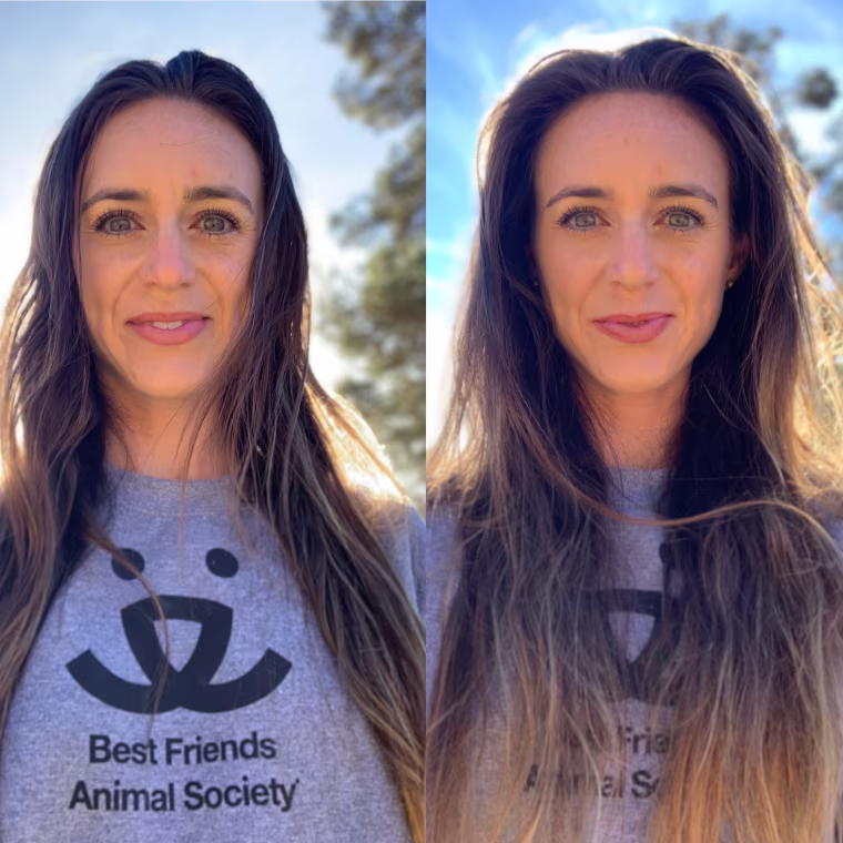My hair with a middle part, before (left) and after (right) using the root booster.