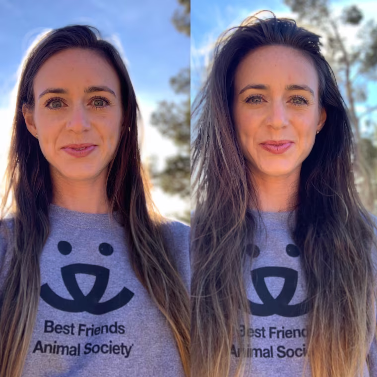 My hair with a side part, before (left) and after (right) using the root booster.