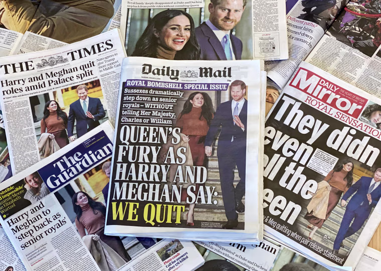 Image: An arrangement of UK daily newspapers photographed as an illustration in London on Jan. 9, 2020, shows front page headlines reporting on the news that Britain's Prince Harry, Duke of Sussex and his wife Meghan, Duchess of Sussex, plan to step back