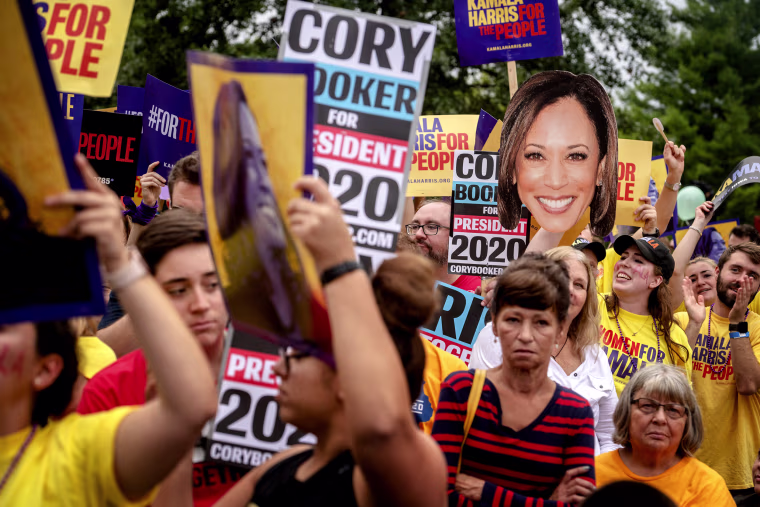 Image: Supporters of Sen. Kamala Harris, D-Calif., and Sen. Cory Booker, D-NJ, at the Polk County Steak Fry in Des Moines, Iowa, on Sept. 21, 2019.