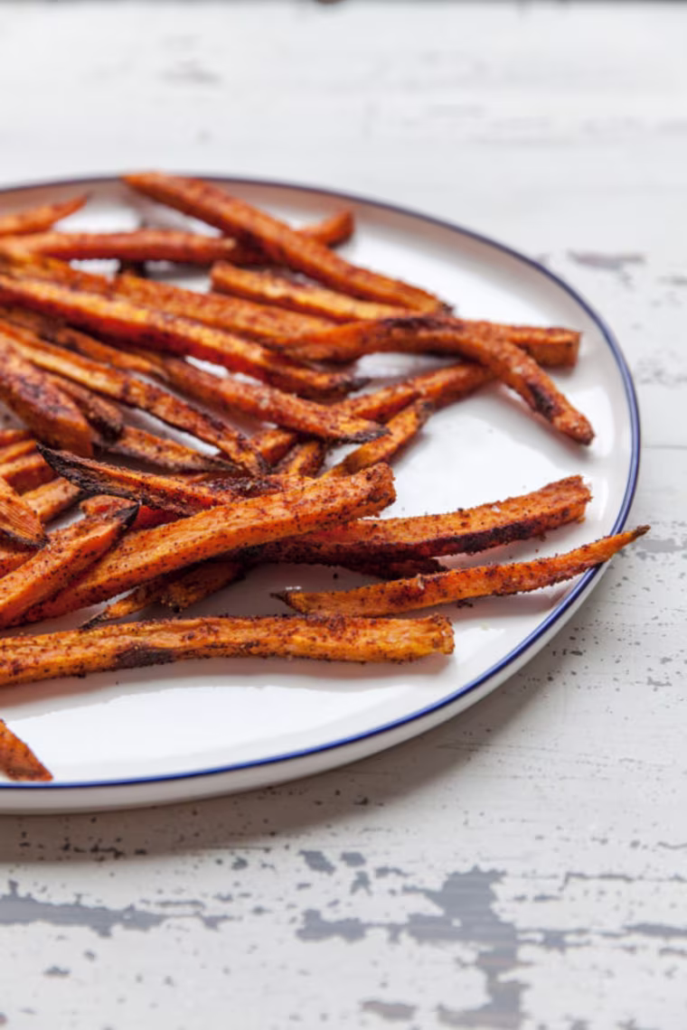 Not into peeling potatoes? You can find sweet potatoes pre-cut into fry-sizes sticks in the supermarket. Easy!