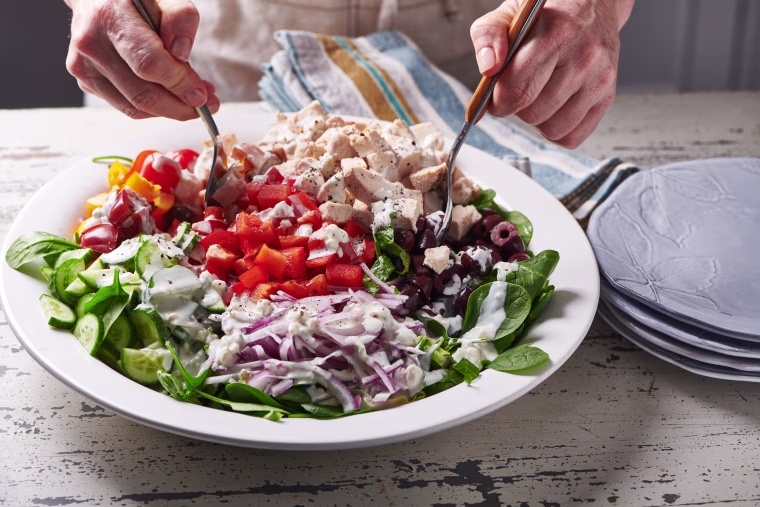 Chopped salad with chicken and blue cheese dressing