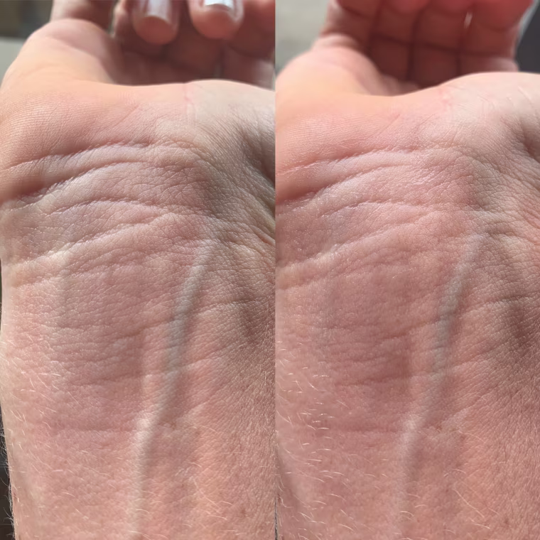 Before (left) and after (right) applying the Maybelline Baby Skin Instant Pore Eraser to my wrist