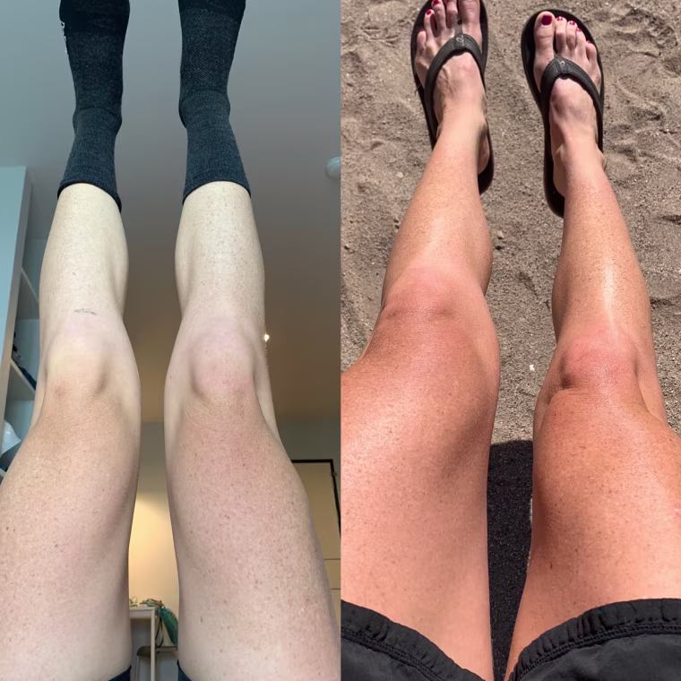 The natural color of my legs (on the left) and my legs after using Fake Bake Flawless (on the right)