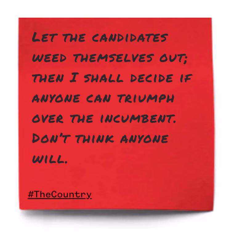 Let the candidates weed themselves out; then I shall decide if anyone can triumph over the incumbent. Don't think anyone will.