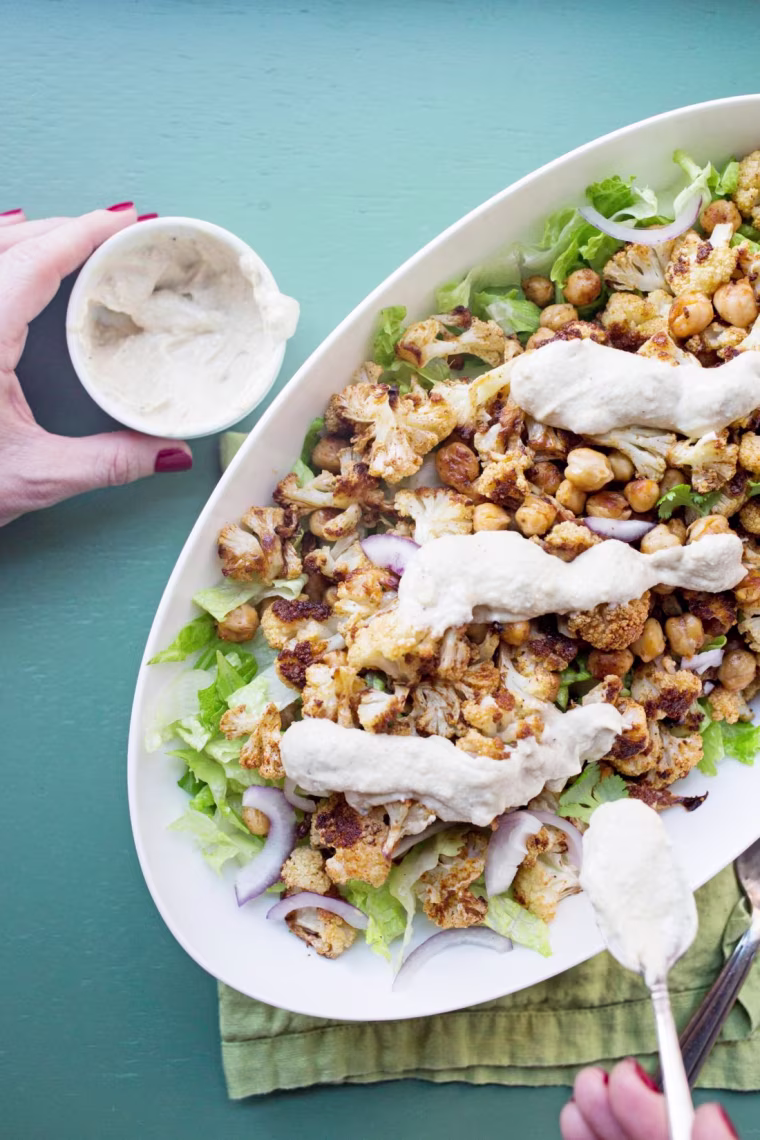 Roasted Cauliflower and Chickpea Salad with Tahini Dressing