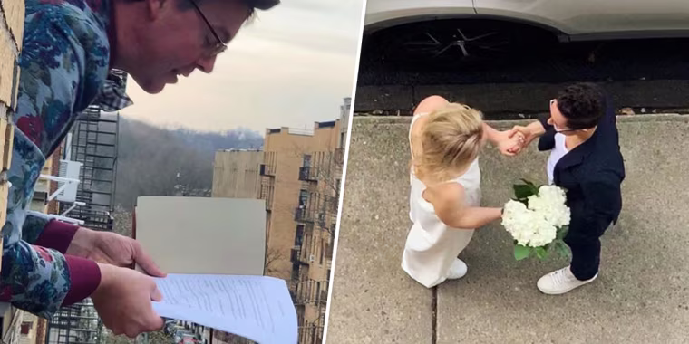 Image: Matt Wilson, left, officiates Reilly Jenning's and Amanda Wheeler's wedding from his fourth floor apartment window in New York.
