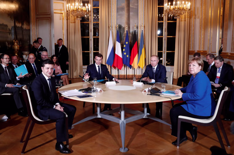 Image: Volodymyr Zelenskiy, Emmanuel Macron, Vladimir Putin and Angela Merkel