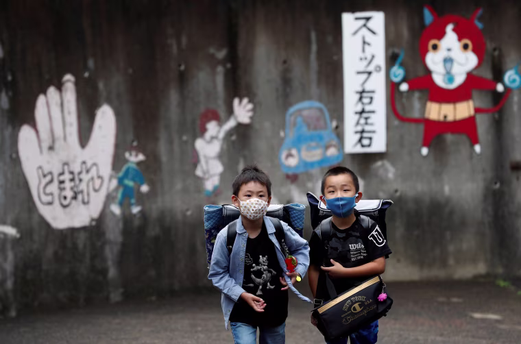 Image: Social distance in order to prevent the coronavirus disease (COVID-19) infections at Takanedai Daisan elementary school in Funabashi