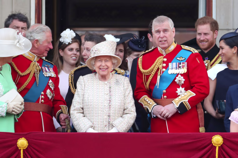 Image: Prince Charles, Prince of Wales, Princess Beatrice, Princess Anne, Princess Royal, Queen Elizabeth II, Prince Andrew, Duke of York, Prince Harry, Duke of Sussex and Meghan, Duchess of Sussex during Trooping The Colour, the Queen's annual birthday p