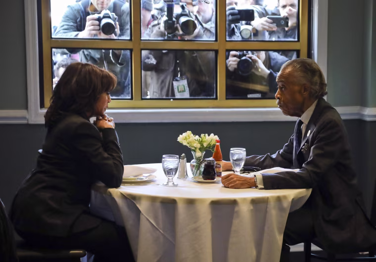 Sen. Kamala Harris meets with civil rights leader Rev. Al Sharpton, president of the National Action Network, during lunch at Sylvia's Restaurant, a Harlem landmark, on Feb. 21, 2019.