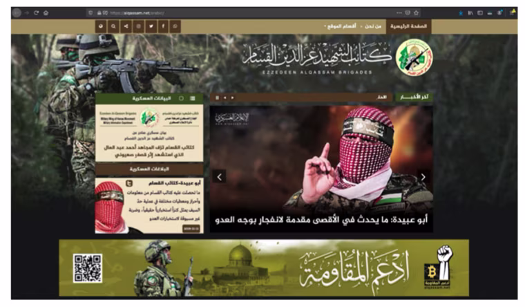 A banner for the al-Qassam Brigades, the military wing of Hamas, encouraged supporters to donate via Bitcoin.