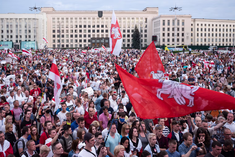 Image: Demonstrators participate in an anti-Lukashenko rally on Aug. 18, 2020 in Minsk, Belarus.