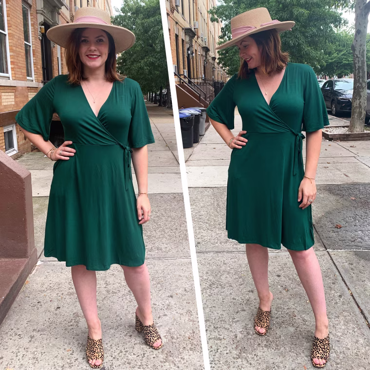 Woman wearing green wrap dress