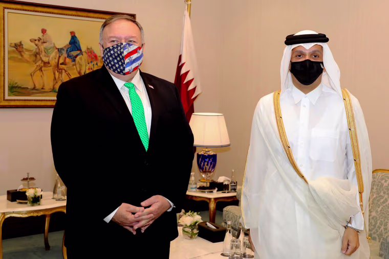 Image: Qatar's Deputy Prime Minister and Foreign Minister Sheikh Mohammed bin Abdulrahman al-Thani meeting with U.S. Secretary of State Mike Pompeo on the sidelines of the opening ceremony of the Afghan negotiations
