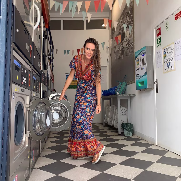 wearing my bohemian wrap dress while doing laundry