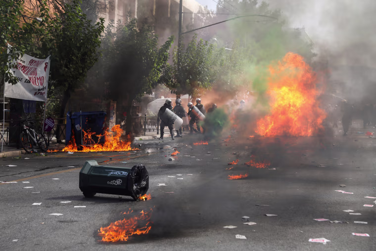 Image: Protest outside a court, where the trial of leaders and members of the Golden Dawn far-right party takes place in Athens