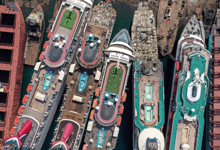 Image: A drone image shows decommissioned cruise ships being dismantled at Aliaga ship-breaking yard in the Aegean port city of Izmir