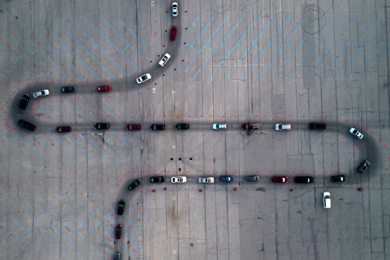 Image: Aerial view of drive-thru COVID-19 testing site at Miller Park in Milwaukee, Wisconsin
