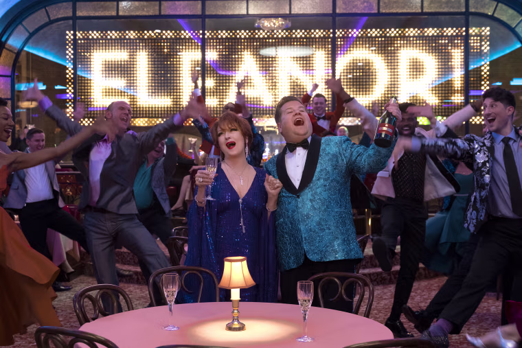 Meryl Streep as Dee Dee Allen and James Corden as Barry Glickman in "The Prom" on Netflix.