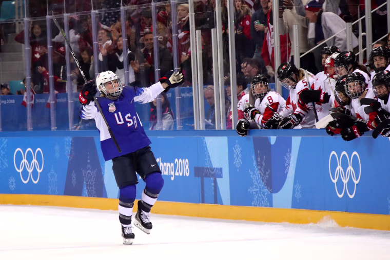 Image: Jocelyne Lamoureux #17 of the U.S. celebrates after scoring a goal in the overtime penalty-shot shootout against Canada during the women's ice hockey gold medal game Feb. 22, 2018 in Gangneung, South Korea.