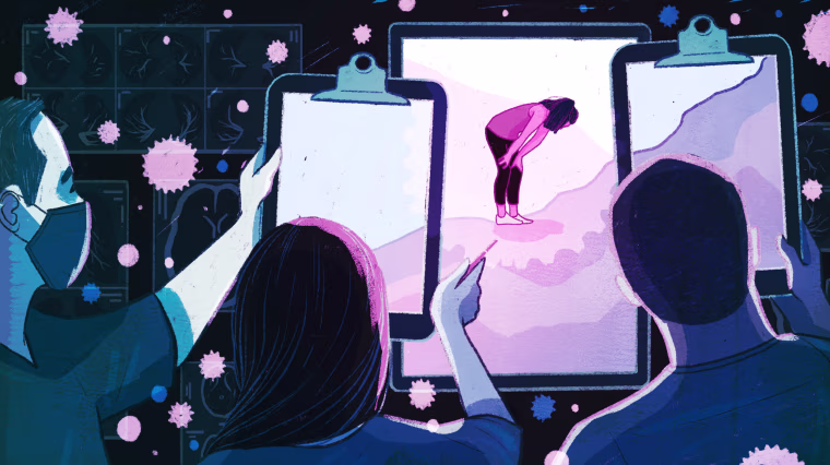Image: Illustration shows doctors holding up charts while watching a screen of a woman struggling on an uphill curve.