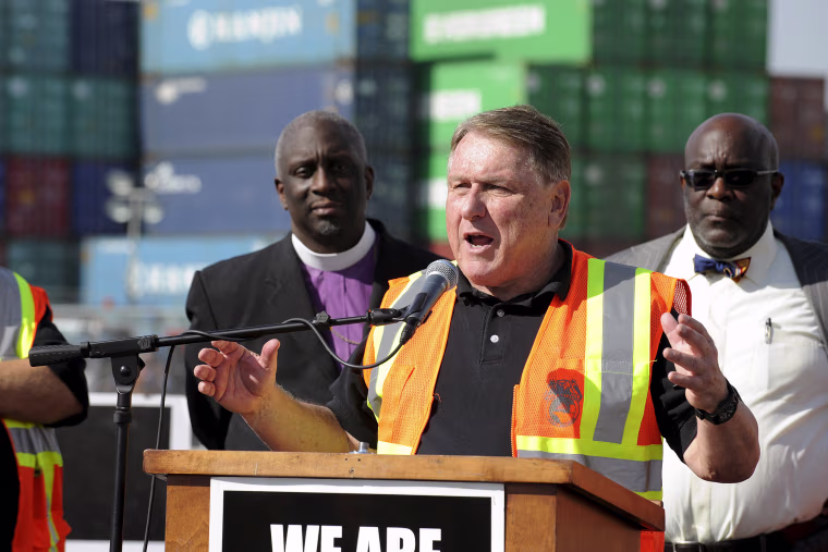 Teamsters labour union James P. Hoffa speaks at a news conference regarding truck drivers striking against what they say are misclassification of workers at the Ports of Long Beach and Los Angeles in Long Beach