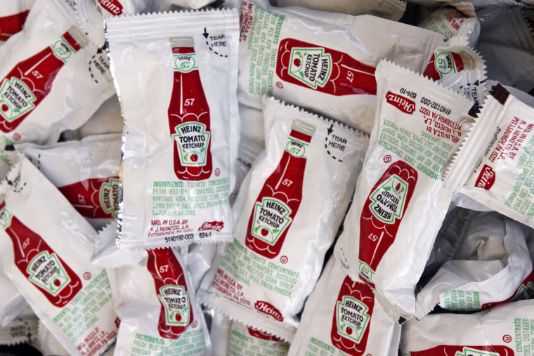 Image: Packets of single serving Heinz Ketchup.