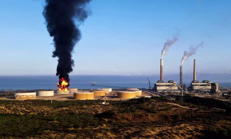 Fire rages early on May 12, 2021 at a refinery in Ashkelon, Israel, hit by Hamas rockets the previous day.