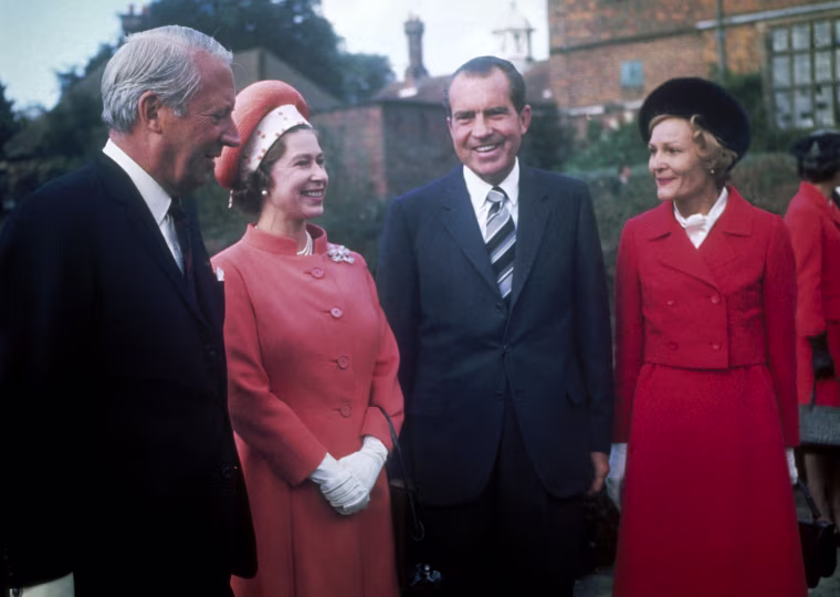 Queen Elizabeth II with British Prime Minister Edward Heath with President Richard Nixon and his wife Patricia at Chequers, the Prime Minister's official country residence, 1970.