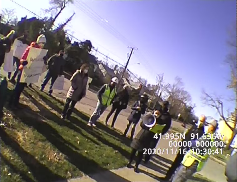 After weeks of no pay for workers, protesters gathered at the Cedar Rapids worksite in Nov. 2020 to urge BluSky to pay them.