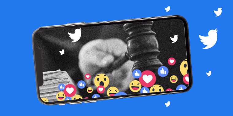 Photo illustration: Multiple emojis and twitter logos over phone with an image of a hand holding a gavel.
