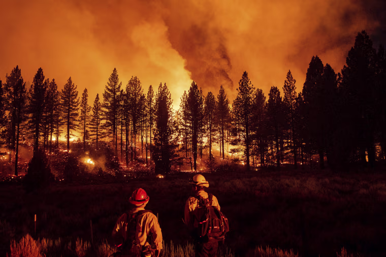 Image: Firefighters monitor the Sugar Fire, part of the Beckwourth Complex Fire, burning in Plumas National Forest, Calif., July 8, 2021.