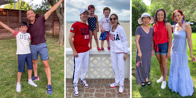 Two families and a father and son wearing Olympic inspired fashion at the beach and in their backyard