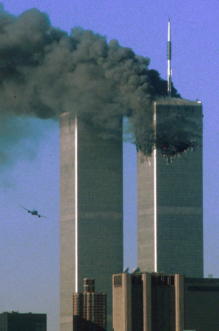 On Sept. 11, 2001, hijackers caught U.S. authorities by surprise with a bold attack on New York City's World Trade Center. At 8:46 a.m., American Airlines Flight 11 carrying 92 people, speared into the 110-story north tower. At 9:03 a.m., United Airlines Flight 175, shown here, carrying 65 people, crashed into the 84th floor of the south tower.