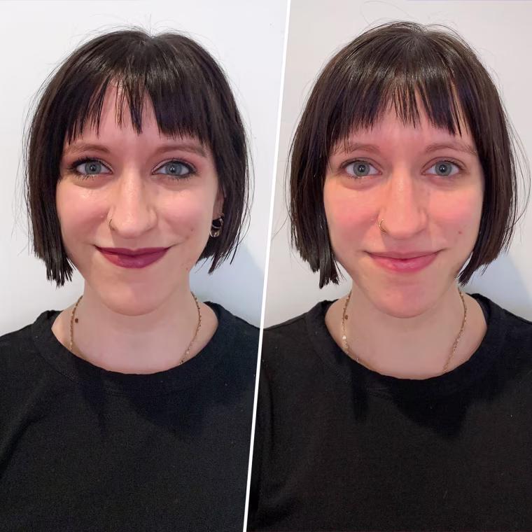 Split before and after image of writer Daniella Musacchio, who used Junoco Cleansing balm to remove her makeup