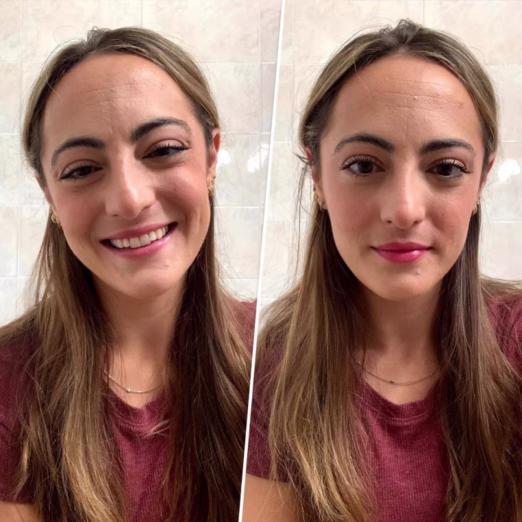 Before and after image of writer Danielle Murphy wearing the Essence Glimmer Glow Lipstick