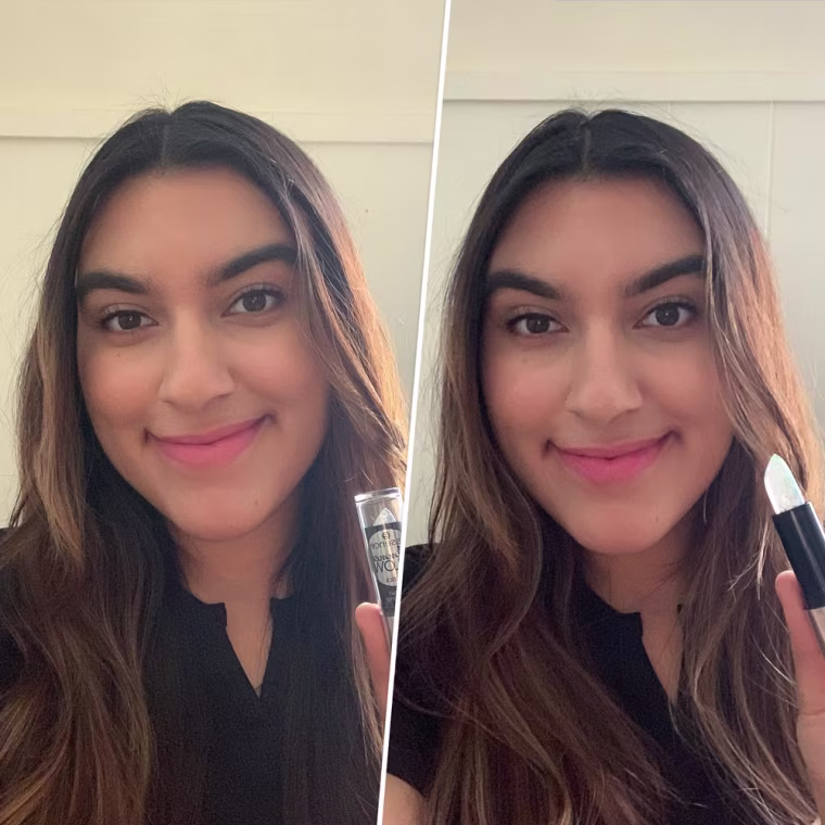 Before and after image of writer Sunah Syed wearing the Essence Glimmer Glow Lipstick
