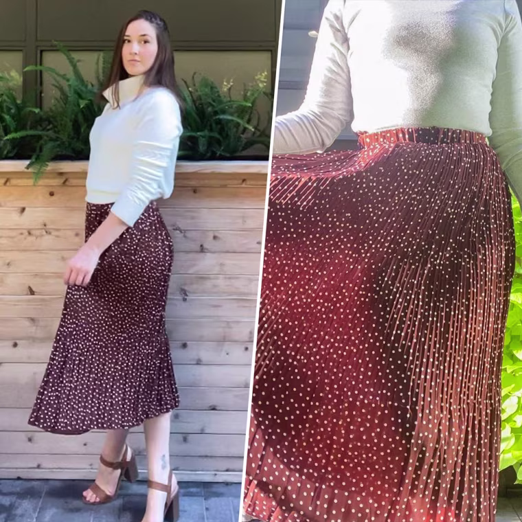 Split image of Writer Sophie van Bastelaer wearing the Amazon Exlura Skirt from Amazon