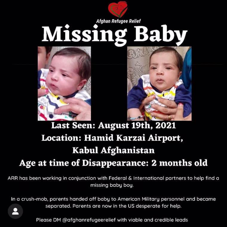 Image: An Afghan refugee support group created a "Missing Baby" sign with Sohail's picture on it and are circulating it among their networks in the hopes that someone will recognize him.
