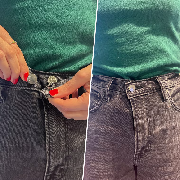 Split image of someone using a jean button to make their pants fit better